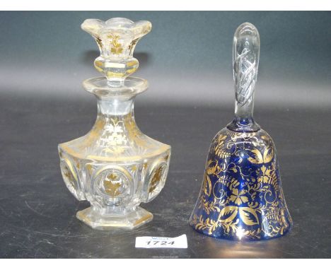 A gilt decorated Scent Bottle and a gilt decorated glass Bell.