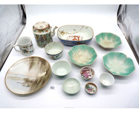 A quantity of oriental china including bowls a/f., a plate, Famille Rose teapot etc.