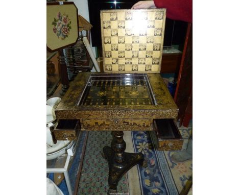 A black lacquered oriental Games Table, the top profusely depicting an Emperor surrounded by servants and figures going about