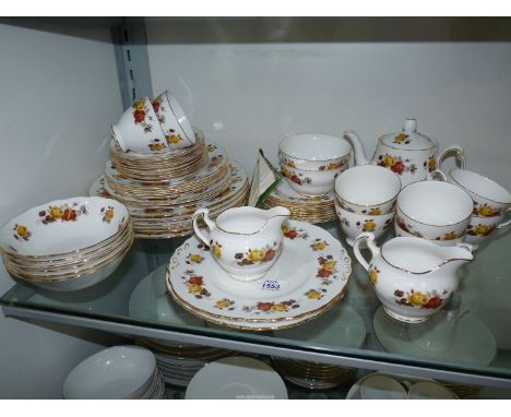 A Colclough 'Stratford' part teaset, orange rose pattern including; teapot, eight cups, ten saucers, two sugar bowls, two cre