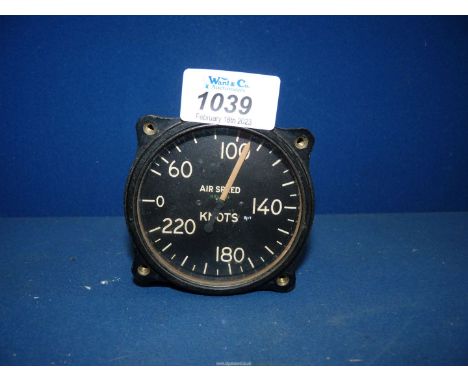 An aircraft Air Speed (knots) Indicator, the scale providing readings from 0-220, 3 1/4'' diameter x 3 1/4'' max depth.  An e