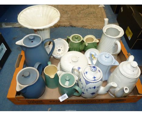 A quantity of china including blue Denby coffee pot and hot water pot, two small green Denby coffee pots and matching jugs, t