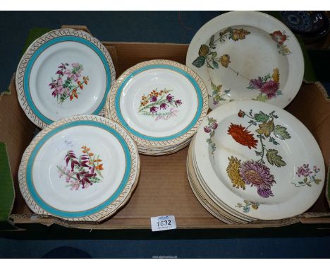 Nine Wedgwood bowls in floral pattern no. 4235 to reverse (having staple repairs) and eight Wedgwood plates in floral and fru