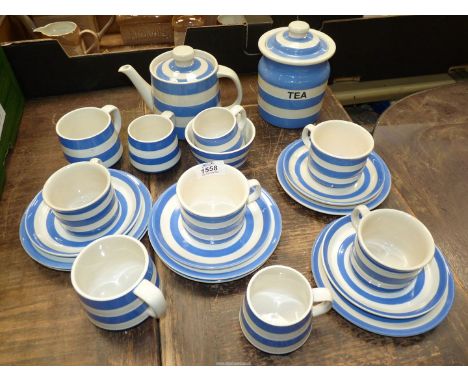 A quantity of T.G. Green 'Cornishware' tea ware including; teapot, 'Tea' storage jar, sugar bowl, miscellaneous cups, saucers