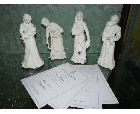 Four white Royal Worcester (Compton &amp; Woodhouse) figures to include; 'New Arrival', 'Once Upon A Time', 'First Steps' and