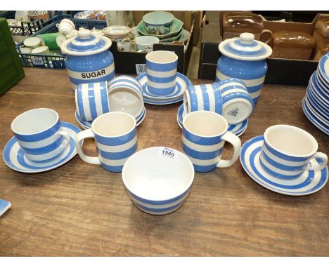 A quantity of T.G. Green 'Cornishware' tea ware including; two storage jars 'Sugar' and 'Tea', sugar bowl, cups &amp; saucers