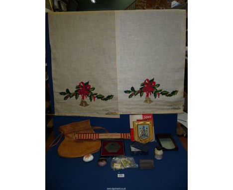 Two pure linen Greeting Card scrolls, one in original sleeve, decorated by Constance Fry together with a Heraldic Shield pain