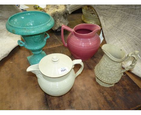 A large pink Shorter &amp; Son Ltd. jug, an embossed Victorian jug with vine decoration (possibly dated 16th Feb 1858), a bei