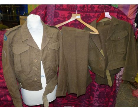 Two Military khaki battle dress uniforms, one by The Rego Clothiers Ltd. 1940, size 7, chest 35-36"/waist 30"-31", cloth badg