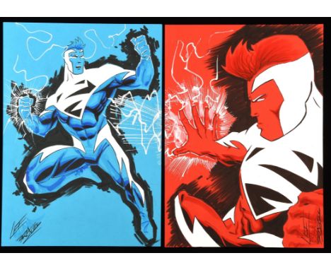 DC Comics Superman Red and Blue set  a pair of original artworks by Lee Bradley.Illustrated work, graphite, tip-ex correction