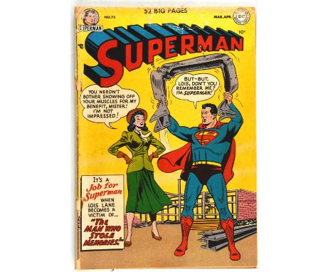 Superman No. 75  1st appearance of the Prankster: Golden-Age issue with Al Plastino cover (DC Comics, 1952).This lot features