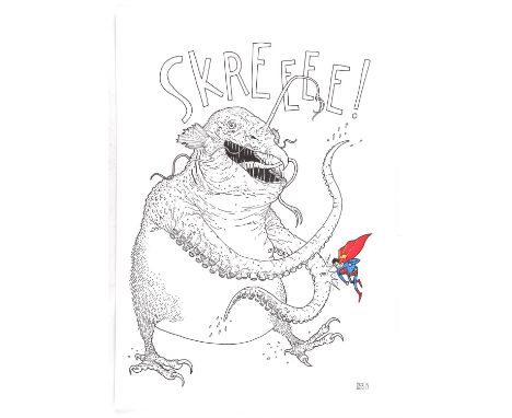 Superman versus Octo-Chicken Monster - an original artwork by Dean Beattie (2015).Featuring an incredible highly detailed pie