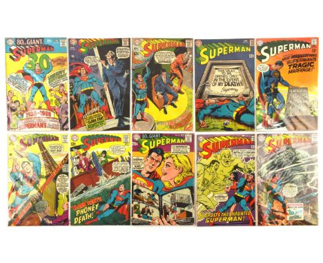 Superman  a run of 10 Silver-age issues featuring covers by Neal Adams and Curt Swan (DC Comics, 1968-69).This lot features:S