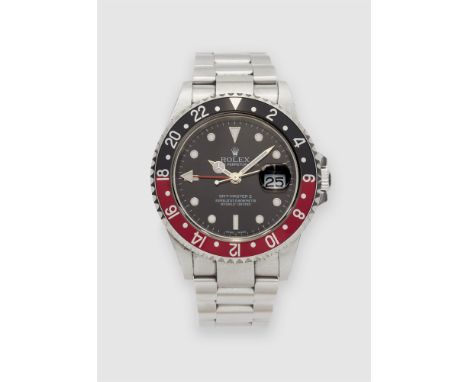 Rolex GMT Master II "Coke"Edelstahl. Herrenarmbanduhr mit Saphirglas und Datumslupe. Beidseitig drehbare zweifarbige "Coke"- 