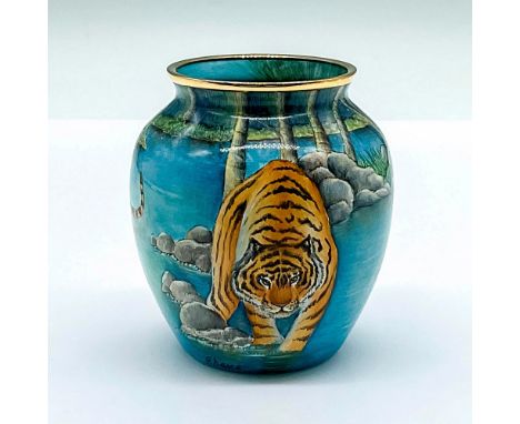 Rare; A stunning limited edition painted enamel vase with a gild rim. Depicts a streak of tigers in a river. Interior shows a