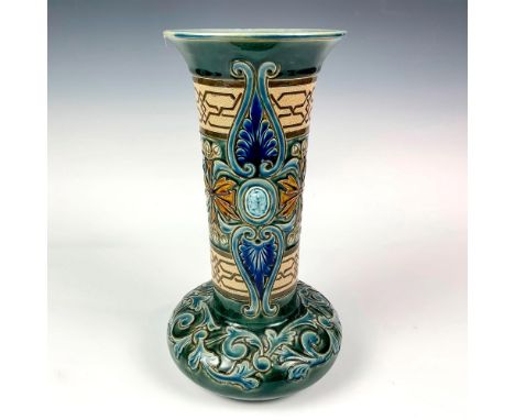 Highly detailed vase by artist Eliza Simmance with King and Queen Medallions on center panel. Various geometric and organic d