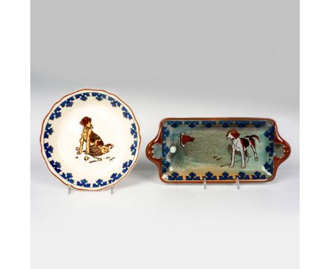 Titanian tray with cute beagle illustration measures 11"L x 5"W. Ceramic bowl with cute dog illustration and blue border meas