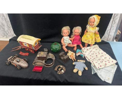 Selection of vintage collectable items to include a Ronson lighter, shop weight, dolls, musical ornament, etc