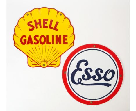 EMAILLESCHILDER, Konvolut von 2, Replika, Shell Gasoline und Esso, Muschel- bzw runde Form, 30 x 30 bzw Dm 30 cm