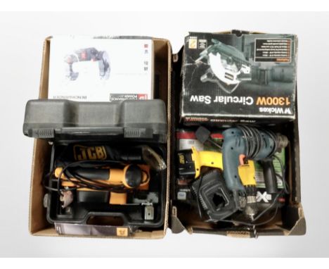 Two boxes containing power tools, Dewalt drill, Wicks circular saw, etc.