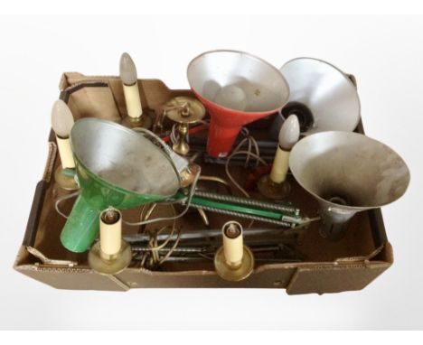A box of 20th century contintental light fittings, angle-poise lamps.