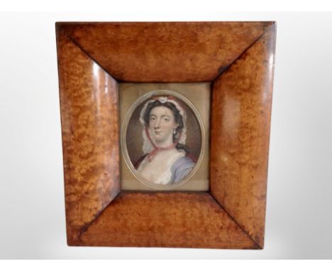 English School (early 19th century) : Head and shoulder portrait of a lady wearing a bonnet, stipple engraving with watercolo