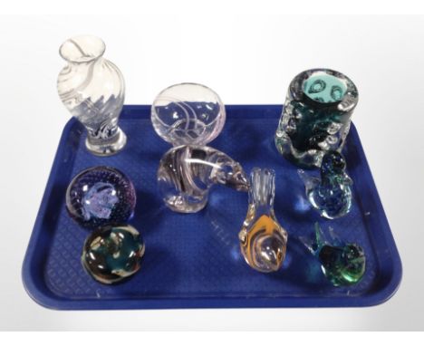 A group of glass paperweights modelled as birds, Caithness vase and bowl, etc.