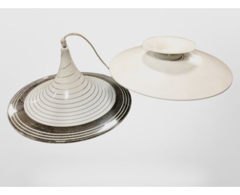 A 1970's Danish conical plastic pendant light fitting and a further metal example 