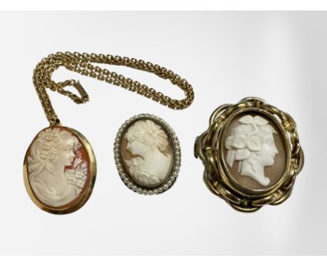 A Victorian cameo brooch together with further cameo brooch mounted in 18ct gold suspended on 15ct gold chain together with a