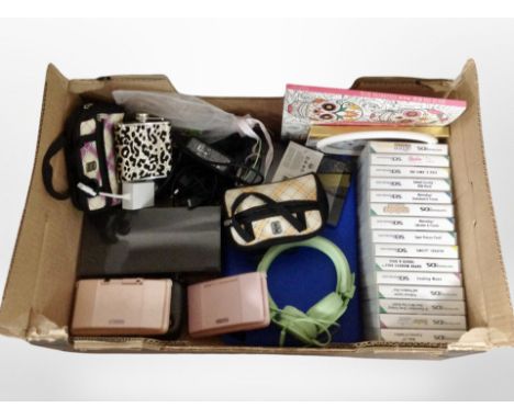 A box of Nintendo DS console games, pair of headphones, etc.