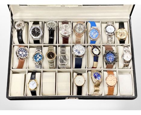 A watch display case containing twenty Gent's wrist watches by Rotary, Daniel Hechter, Citizen, Pulsar, Sekonda etc 