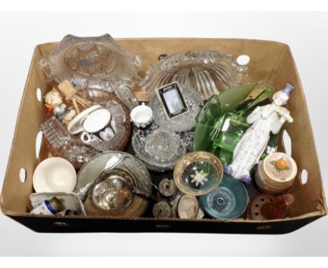 A box of art deco pressed glassware, silver-plated items, Zippo lighter, Hummel figure, china, etc.