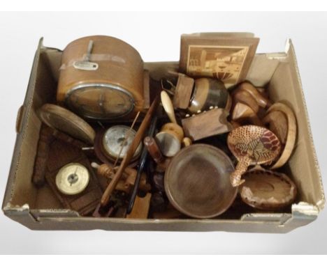 A box containing mantel clock, treen, contemporary barometer.