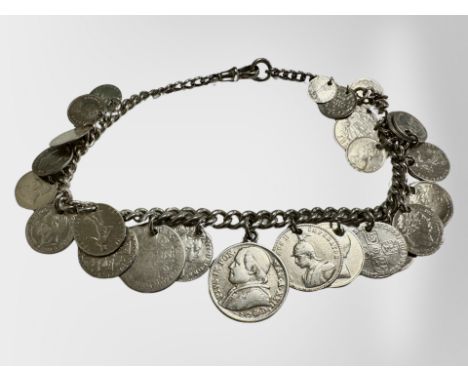 A silver watch chain with suspended Georgian and later silver coins etc. CONDITION REPORT: 99.3g.