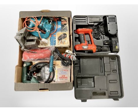 A box of various tools, Black & Decker, metal vice etc