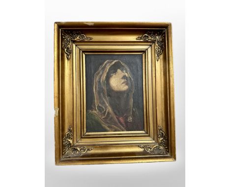 Danish School : Portrait of a figure wearing a headscarf, oil on canvas, 13cm x 17cm.