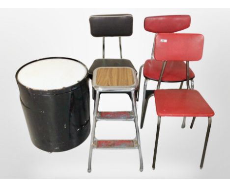 Three 20th century Danish metal framed dining chairs, stool step and barrel shaped table 