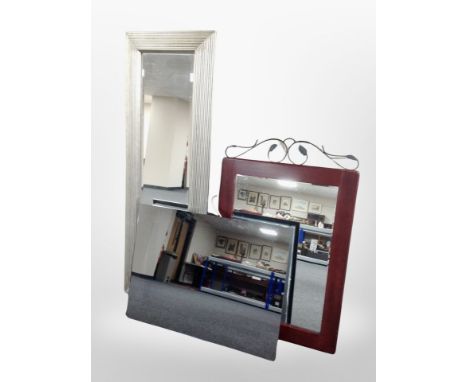 A rectangular silver-framed mirror, length 140cm, together with a further mirror and a light mirror.
