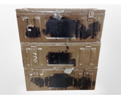 Three painted metal ammunition crates, width 65cm.
