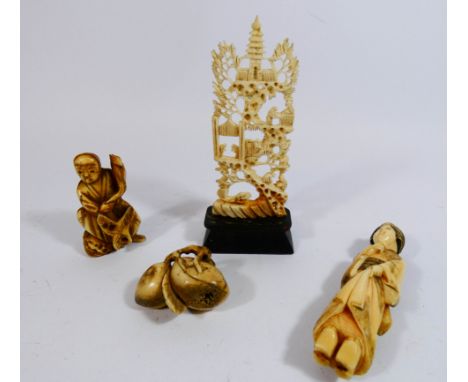 A collection of Meiji period carved Japanese Nesuke and ivory figurines and an Indian pierced bone figurine on wooden mount, 