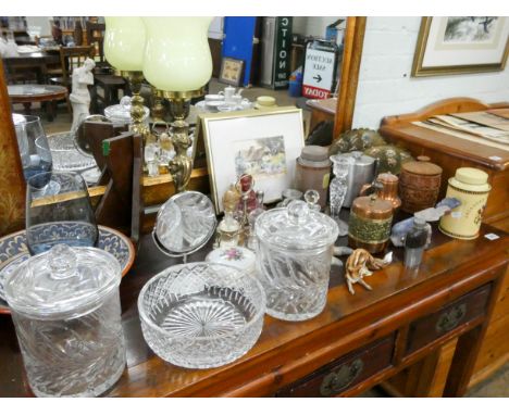 Assorted glass ware, brass table lamp, copper and metal ware, cruet and other sundries 