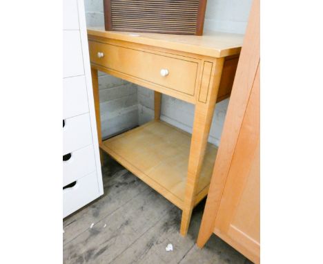 A modern light beech finished two tier hall table, fitted one drawer, 25" wide 