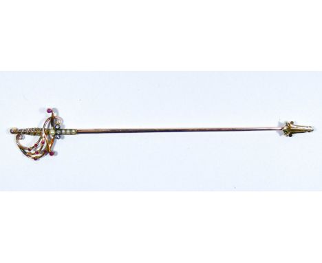 Early 20th century gold jabot pin, the hilt set with seed pearls, diamonds and rubies, 16.5 cms long  Not hallmarked, possibl