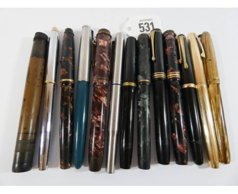 A collection of vintage fountain pens and others, 13 in the lot - Mont Blanc, mottled large Parker Duofold with feathered nib