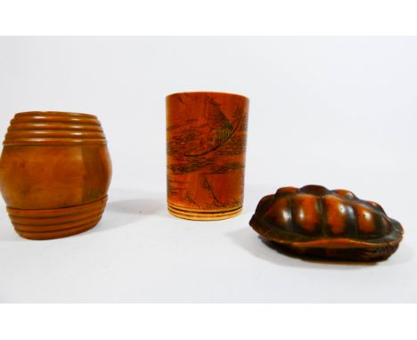 Japanese Meiji period carved ivory beaker, carved treen turtle shell Netsuke and a turned treen box, beaker height 6cms 