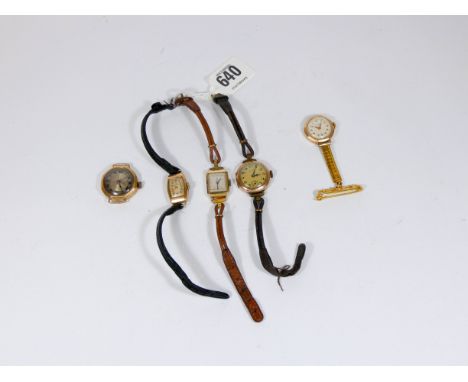 A collection of four ladies 9ct gold cased vintage wristwatches and fob watch together with a 14ct gold cased example