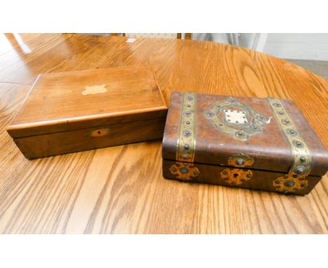 A Victorian inlaid mahogany box and a Victorian walnut brass mounted trinket box 
