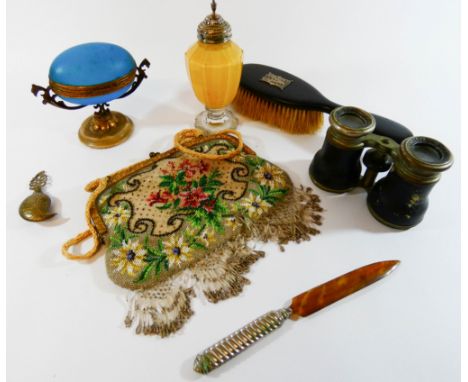 Egg shaped gilt metal mounted trinket box, sugar shaker, beaded evening purse, Le Jockey Club Paris binoculars and other coll