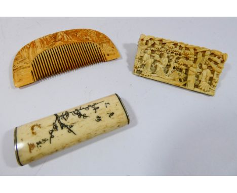 A collection of three Japanese Meiji period carved ivory pieces to include comb, comb measures 8 1/2 cms across 