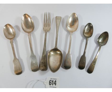 Three silver dessert spoons, silver table fork and three silver teaspoons, various dates and marks Georgian - Victorian, gros